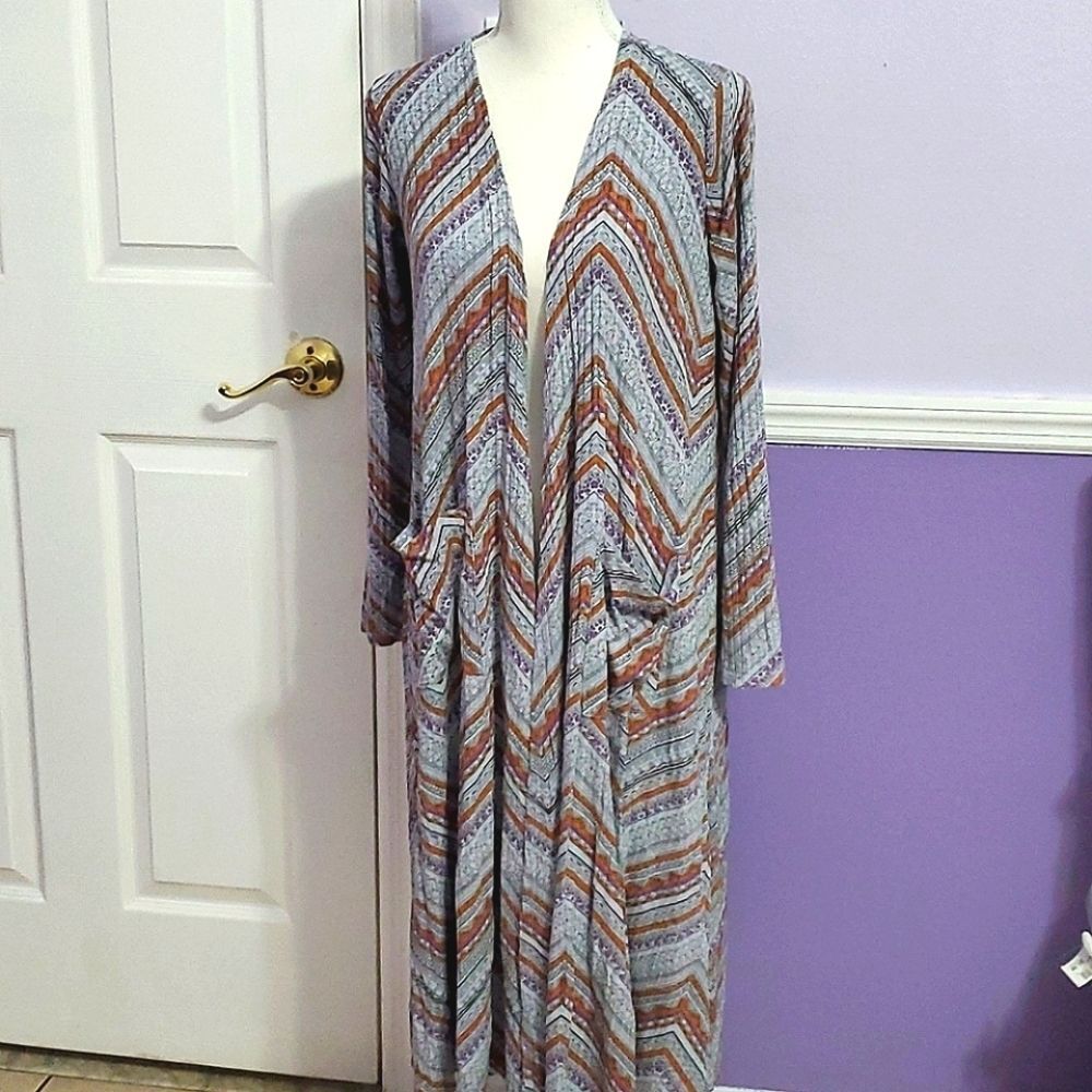 Boho Lagenlook Gray & Brown Herringbone Longline Duster Open Cardigan S